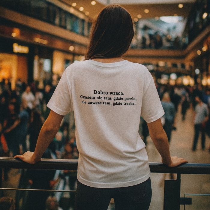Koszulka z przesłaniem motywacyjna oversize Dobro wraca nosdobro