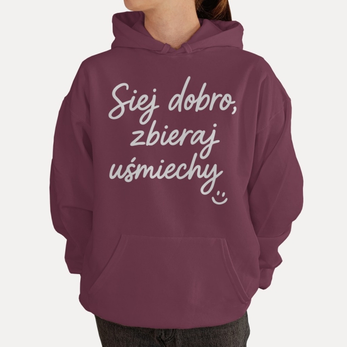 Bluza z przesłaniem oversize z kapturem Siej dobro, zbieraj uśmiechy :)