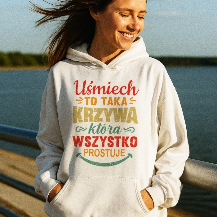 Bluza z przesłaniem motywacyjna oversize z kapturem Uśmiech to taka krzywa. która wszystko prostuje nosdobro