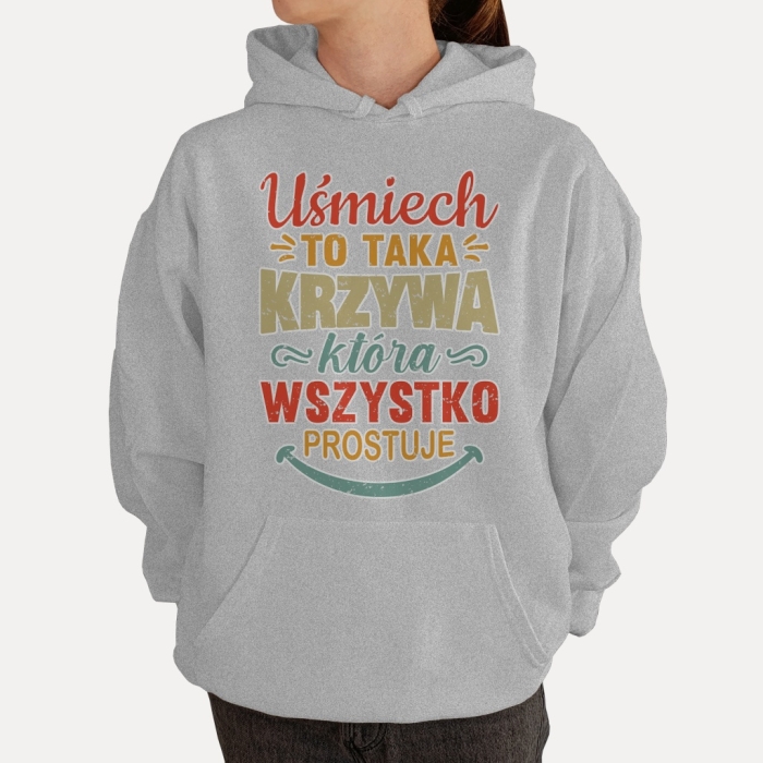 Bluza z przesłaniem oversize z kapturem Uśmiech to taka krzywa. która wszystko prostuje