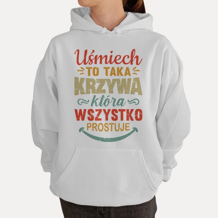 Bluza z przesłaniem oversize z kapturem Uśmiech to taka krzywa. która wszystko prostuje