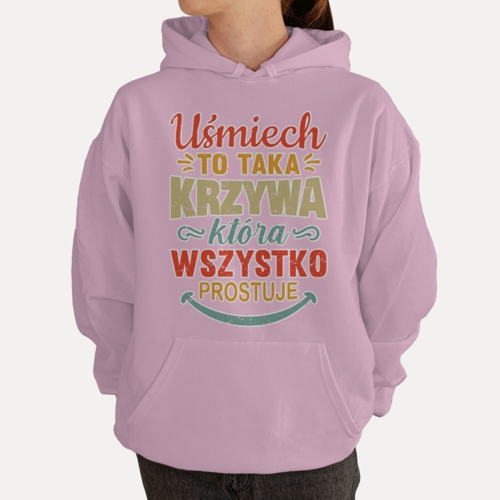 Bluza z przesłaniem oversize z kapturem Uśmiech to taka krzywa. która wszystko prostuje
