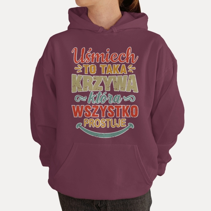 Bluza z przesłaniem oversize z kapturem Uśmiech to taka krzywa. która wszystko prostuje