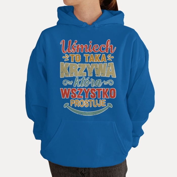 Bluza z przesłaniem oversize z kapturem Uśmiech to taka krzywa. która wszystko prostuje