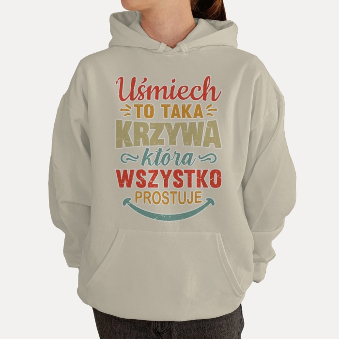 Bluza z przesłaniem oversize z kapturem Uśmiech to taka krzywa. która wszystko prostuje