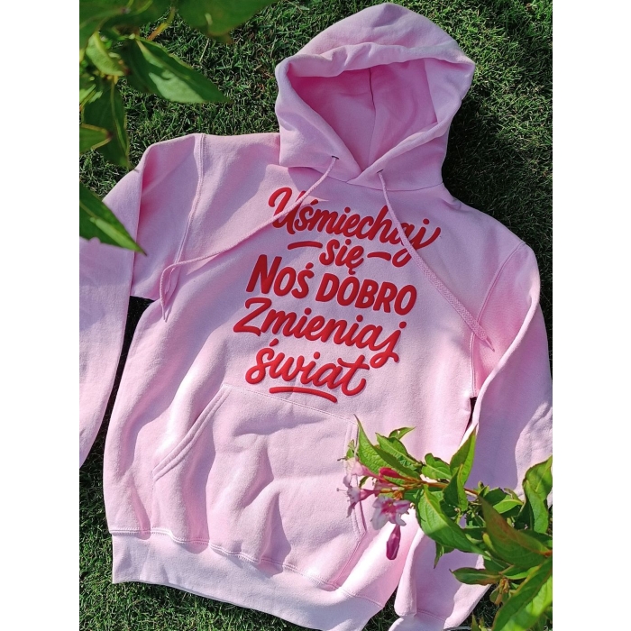 Bluza z przesłaniem oversize z kapturem Uśmiechaj się, noś dobro, zmieniaj świat 3D