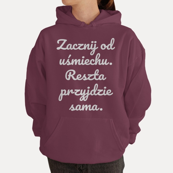 Bluza z przesłaniem oversize z kapturem Zacznij od uśmiechu. Reszta przyjdzie sama.