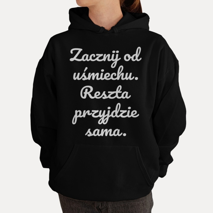 Bluza z przesłaniem oversize z kapturem Zacznij od uśmiechu. Reszta przyjdzie sama.